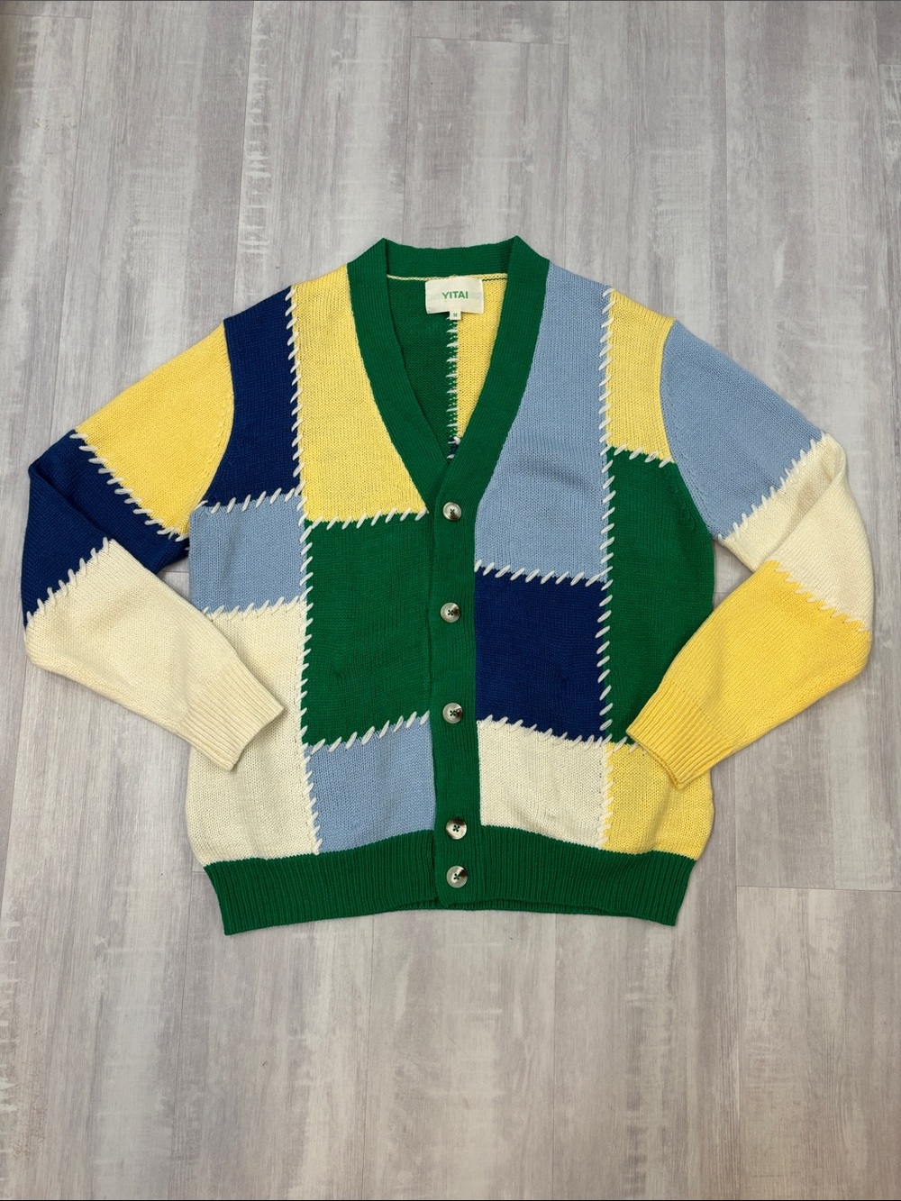 Yitai Rare Patchwork Stitch Colorblock V-Neck Cardigan — Green, Yellow & Blue